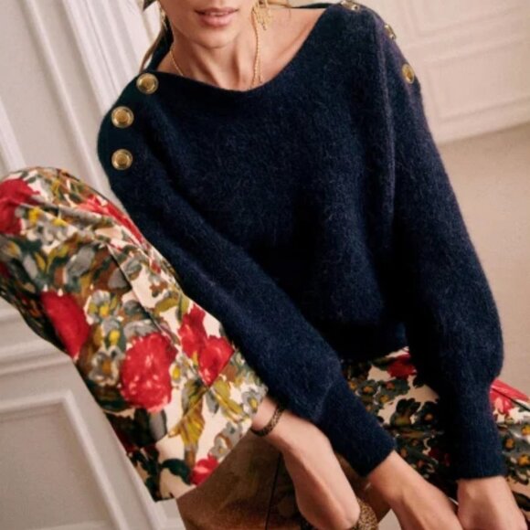 EUC Sezane Victor Alpaca Blend Gold Button Shoulder Sweater Navy Blue Small - Picture 1 of 9